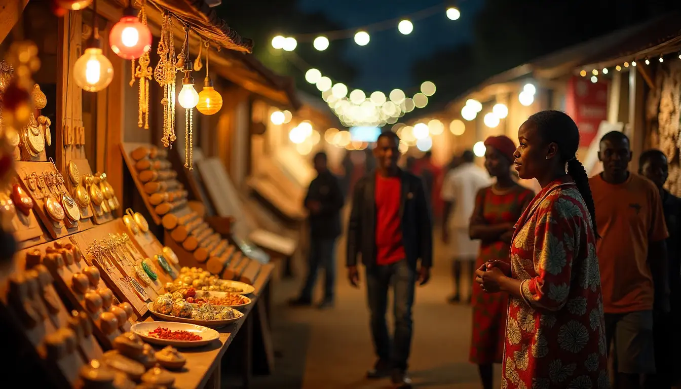 Kenyan Christmas market with festive stalls, handmade crafts, and shoppers in December