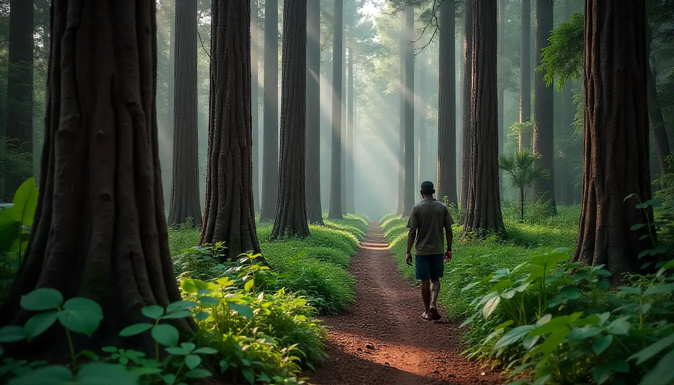 Ancient trees and a Mijikenda guide walking through a sacred Kaya forest in Kenya