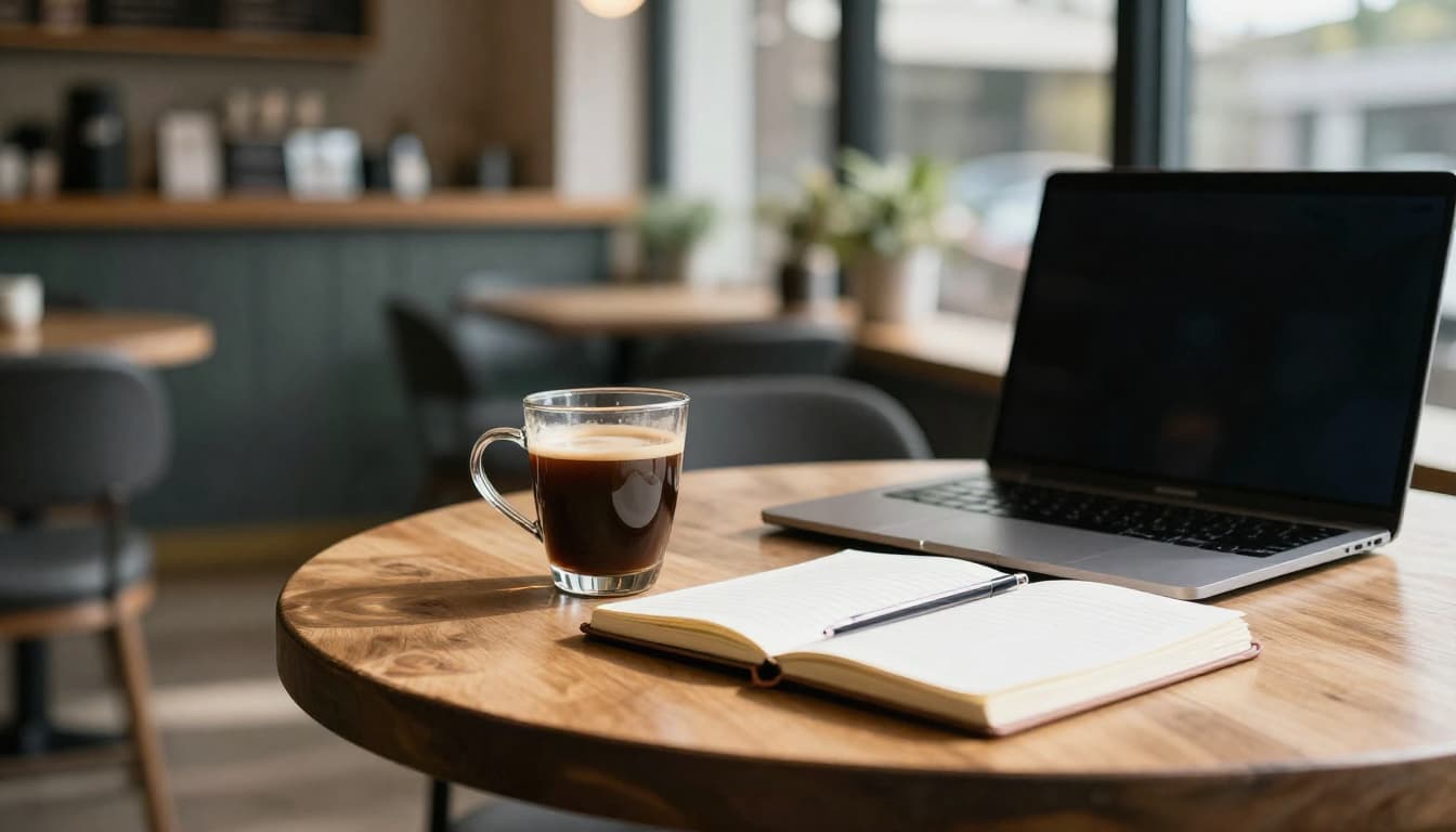 A cozy Nairobi coffee shop in the morning with natural light, coffee on a wooden table, and a relaxed atmosphere