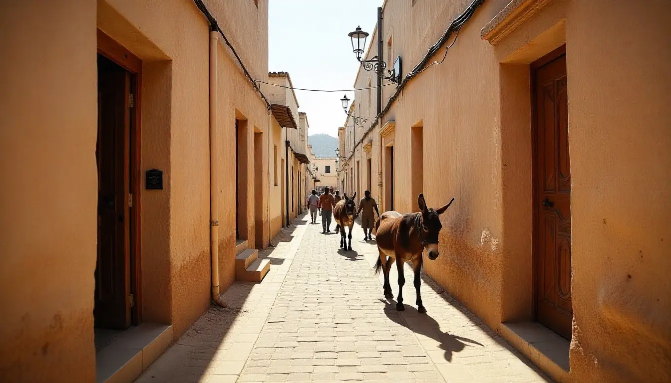 Narrow street in Lamu Old Town with carved doors and donkeys.