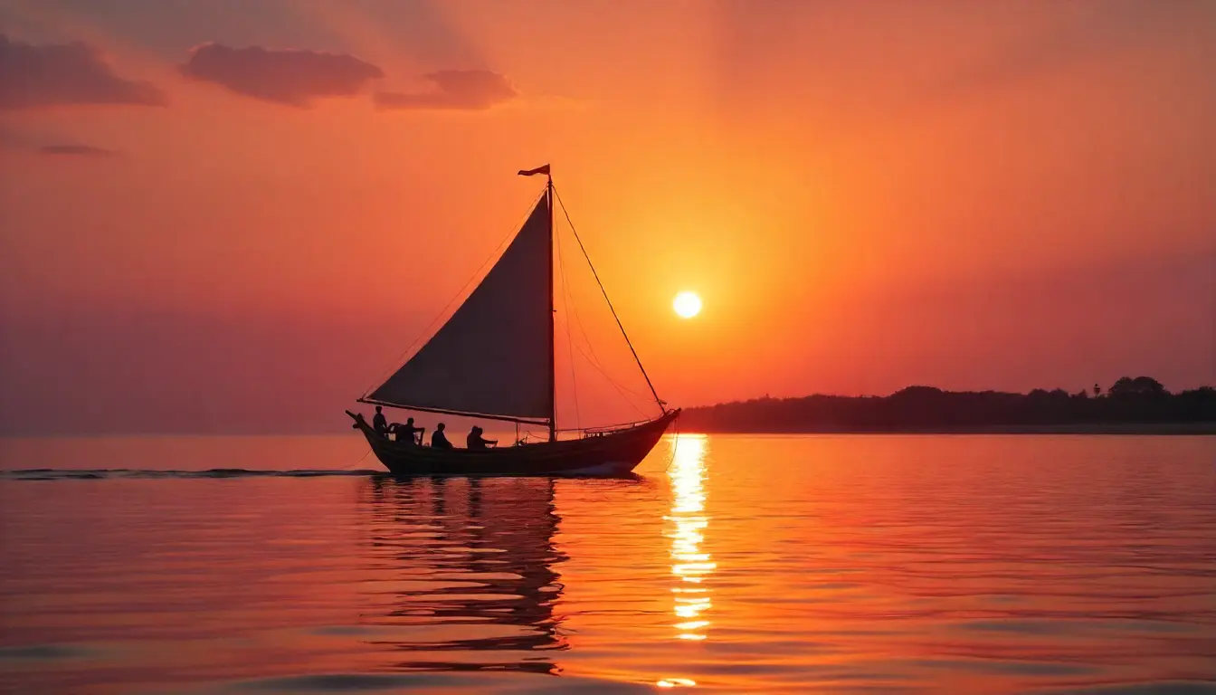 Traditional dhow boat sailing at sunset near Shela Beach in Lamu.