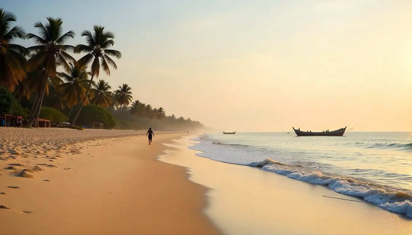 Serene morning at Shela Beach with dhows in the distance.