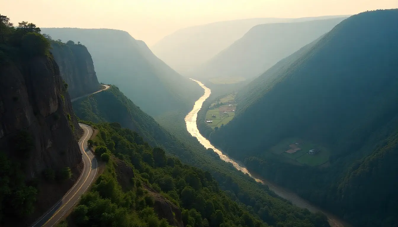 Kerio Valley viewed from the Marakwet Escarpment with winding roads and misty cliffs.