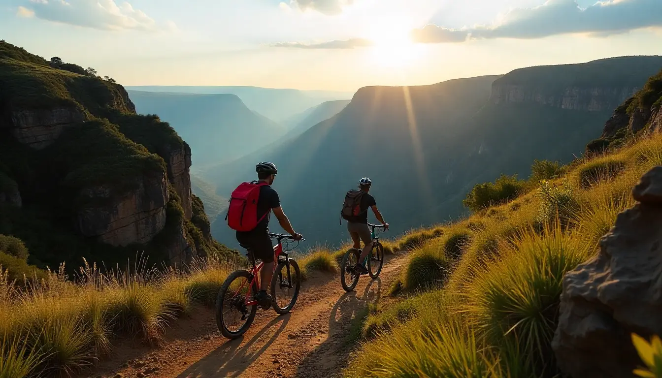 Hikers and cyclists exploring the winding trails of the Marakwet Escarpment.