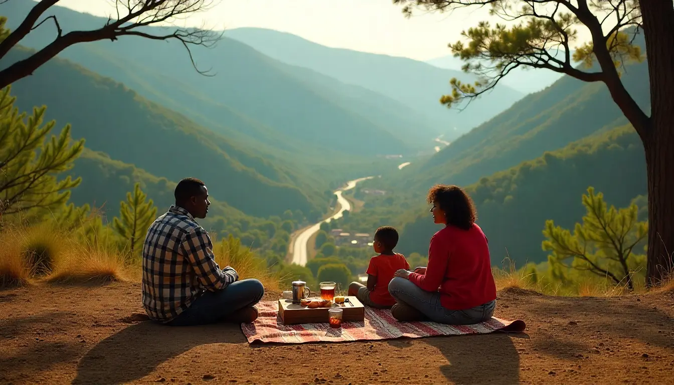 Kijabe Viewpoint with pine trees overlooking the vast Rift Valley and villages below.