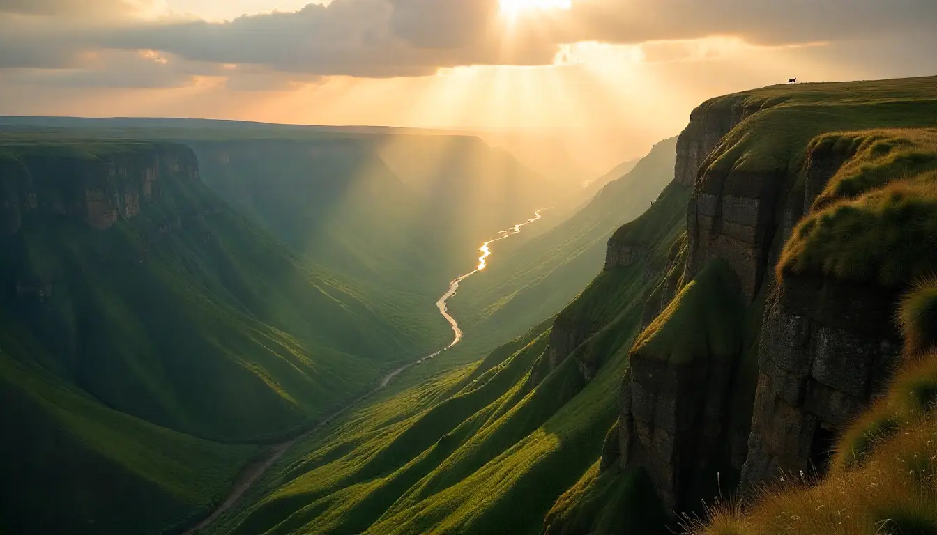 The Escarpment Viewpoint between Naivasha and Nakuru with steep green cliffs and sunlight breaking through clouds.