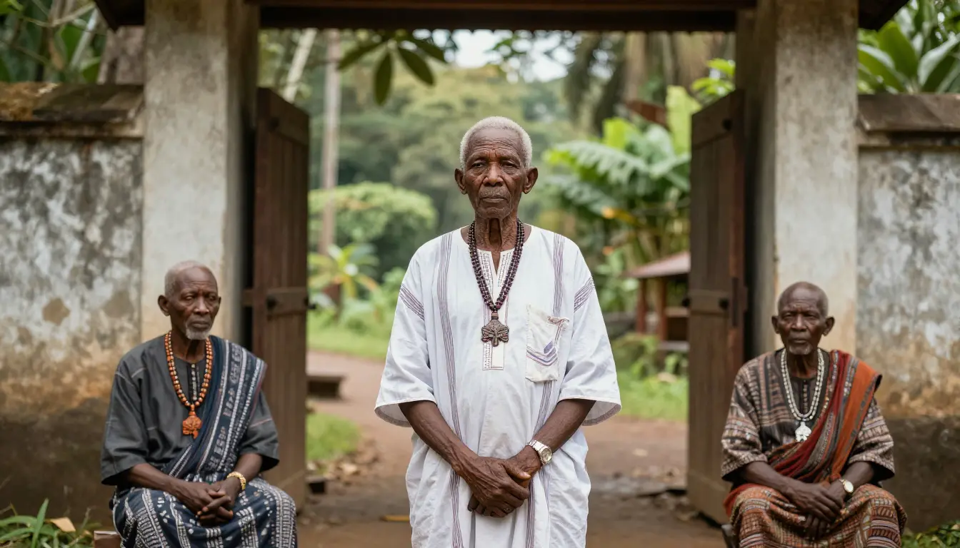 Mijikenda elders standing at the entrance of a sacred Kaya forest in Kenya