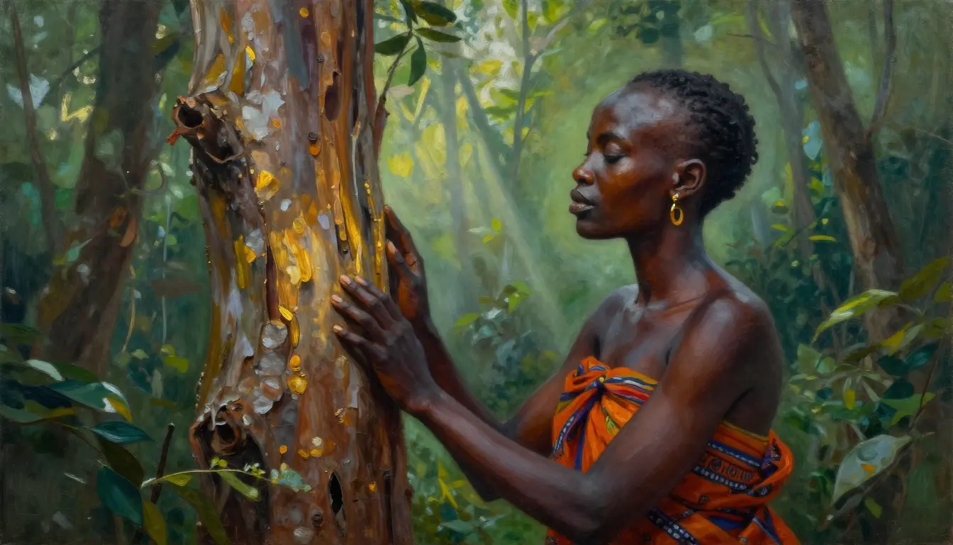 Mijikenda woman reflecting spiritually inside a sacred Kaya forest with sunbeams