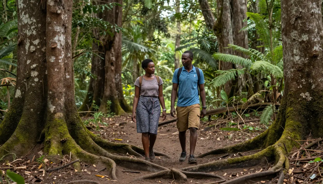 Visitors walking quietly along a natural path inside a sacred Kaya forest