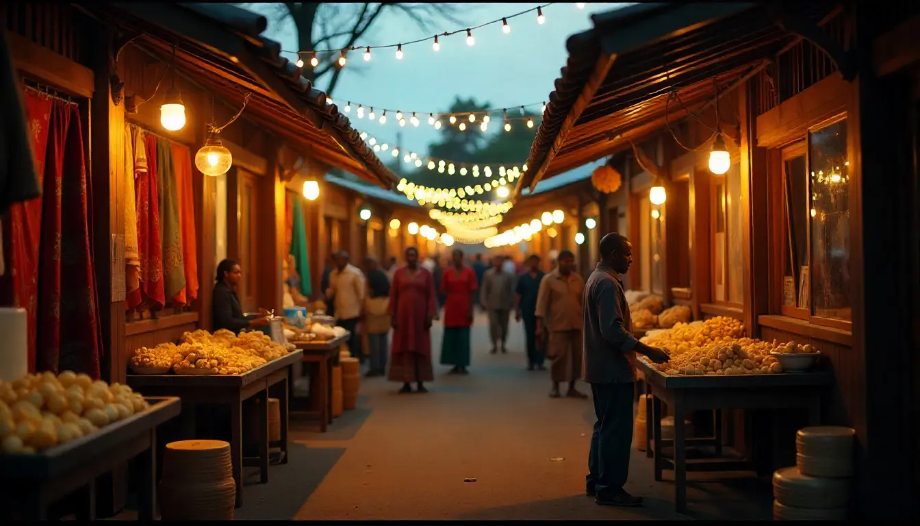 Festive Kenyan Christmas market with lights, food stalls, and happy shoppers