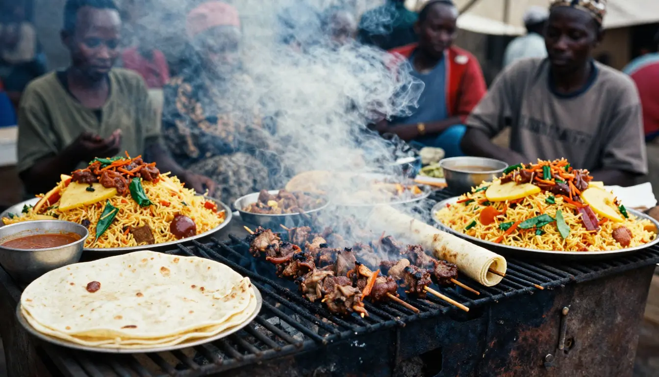 Traditional Kenyan food including nyama choma, chapati, Swahili biryani, and street snacks
