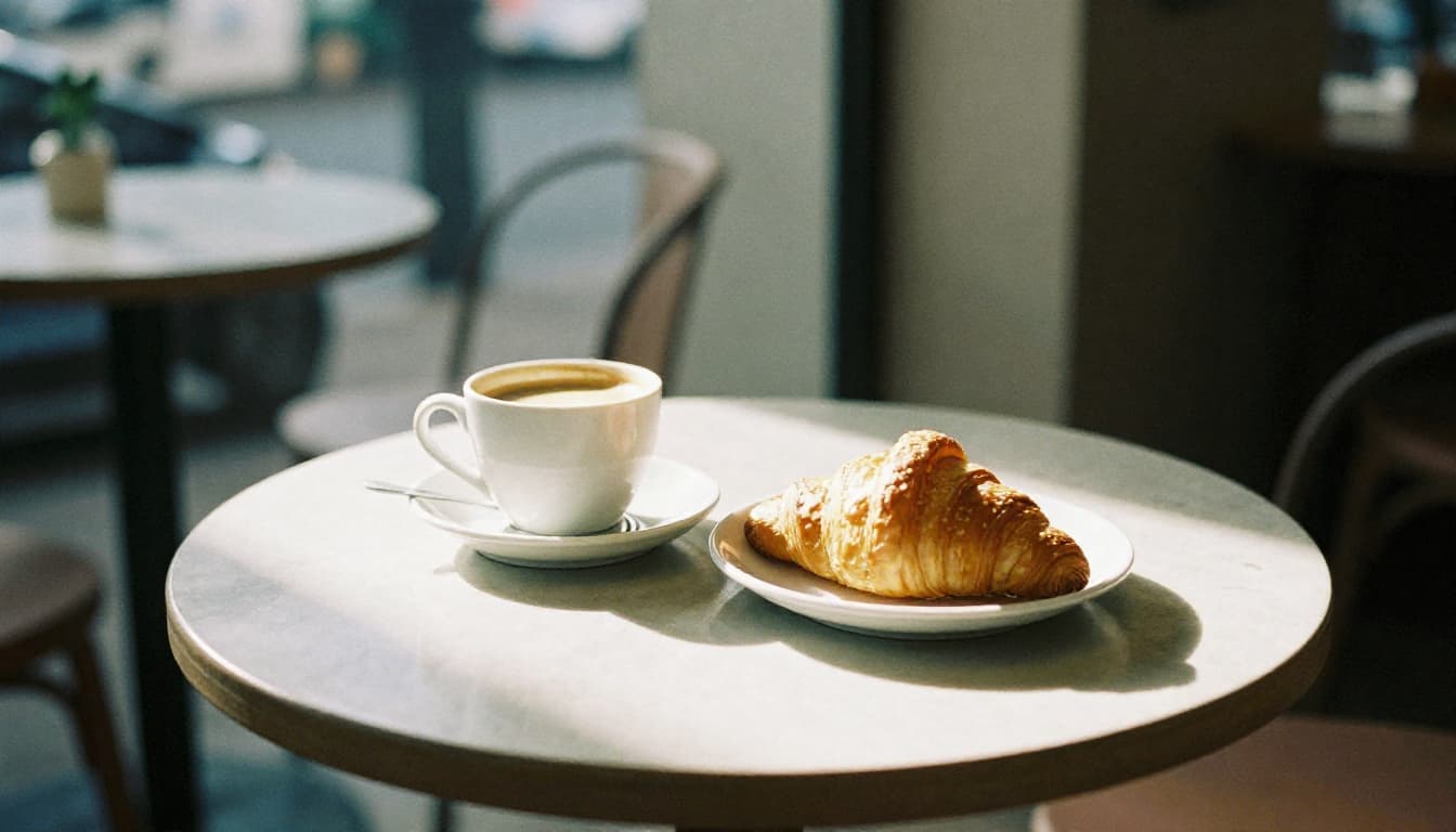 A peaceful Nairobi café setting with coffee and pastry during a slow morning