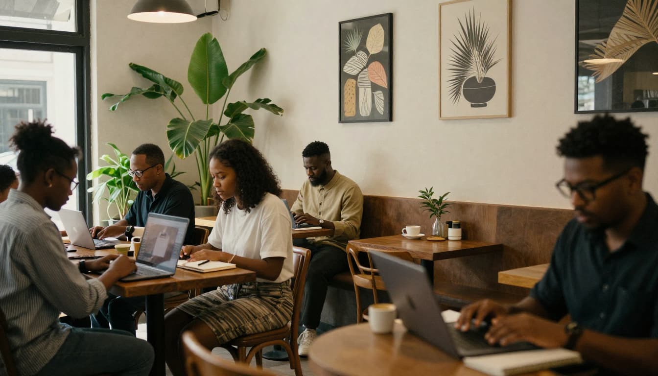 Creative professionals working from a coffee shop in Nairobi during the afternoon